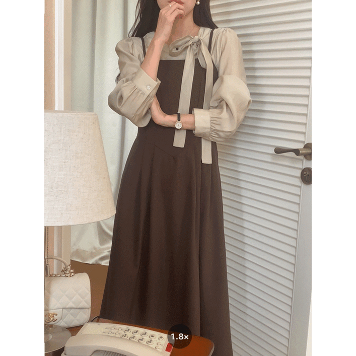 루어스룸 킨더 여자 라운드넥 가을 어깨 셔링 긴팔 리본 매듭 쉬폰 타이 하객룩 블라우스