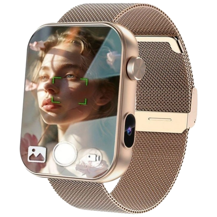 2025 스마트워치 카메라 녹음 기능, 골든 메쉬 시계  골든 실리콘 스트랩