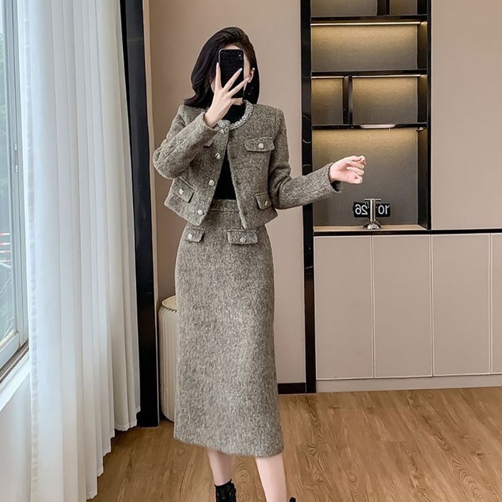 여성 모직 패딩 스커트 겨울 세트 보온 슬림핏 세트