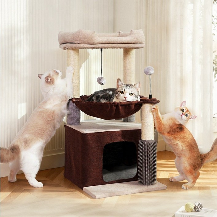 SUNRUI 3단 소형 캣타워 고양이 해먹 콘도 숨숨집 셀프 그루머 스크래쳐 82cm, 1개, 브라운 베이지 믹스