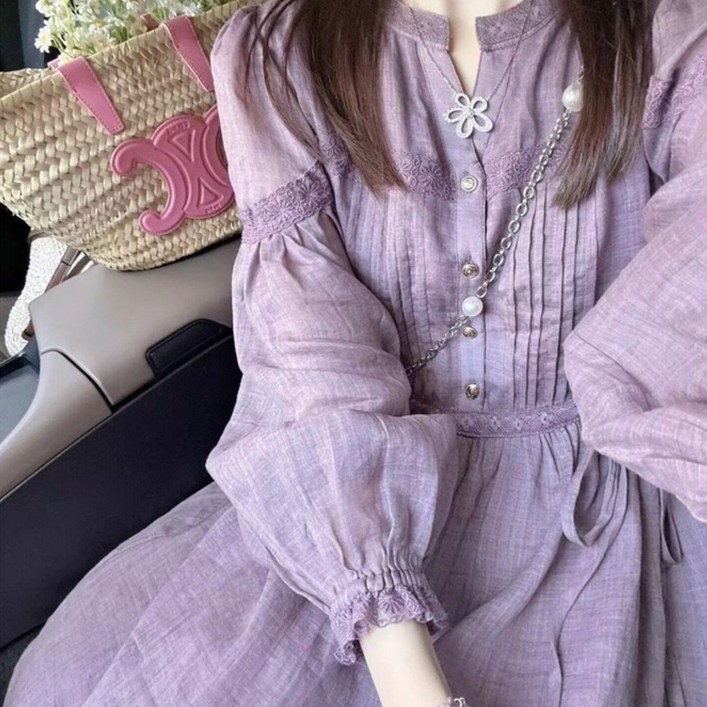 봄 가을 여성 긴팔 원피스 빈티지 하이웨이스트 원피스 캐주얼 롱 스커트 기질 리본 레이스 원피스 ZZL