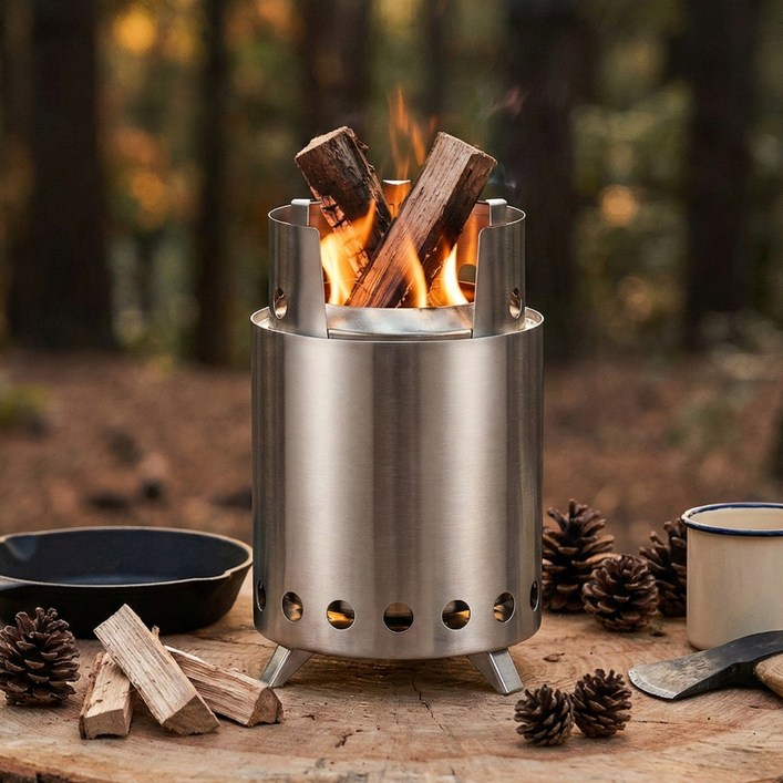 NUOTAI 스테인리스 테이블용 우드 스토브 무연 캠핑 화로 휴대용 미니 장작 버너 다리 냄비 받침 포함, 1개, 미니 사이즈