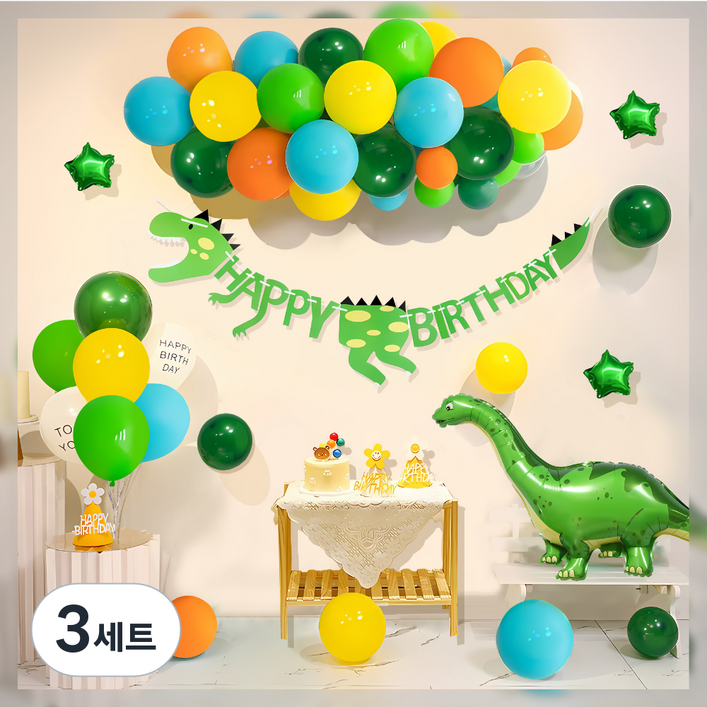 원그리드 생일 파티 풍선 세트, 3세트, 그린 다이노소어