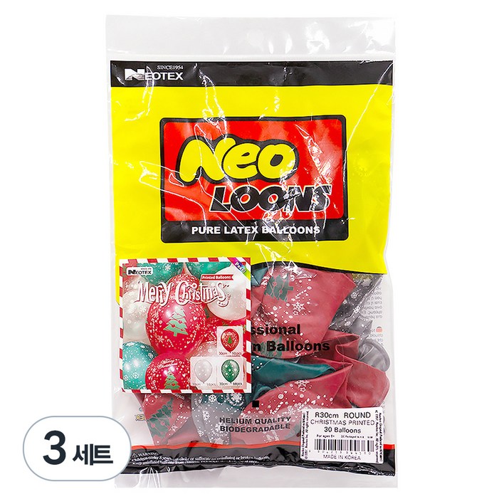 네오텍스 네오룬즈 크리스마스 인쇄 풍선 3종 x 10p 세트, 펄 루비레드, 펄 실버, 펄 에머럴드그린, 3세트