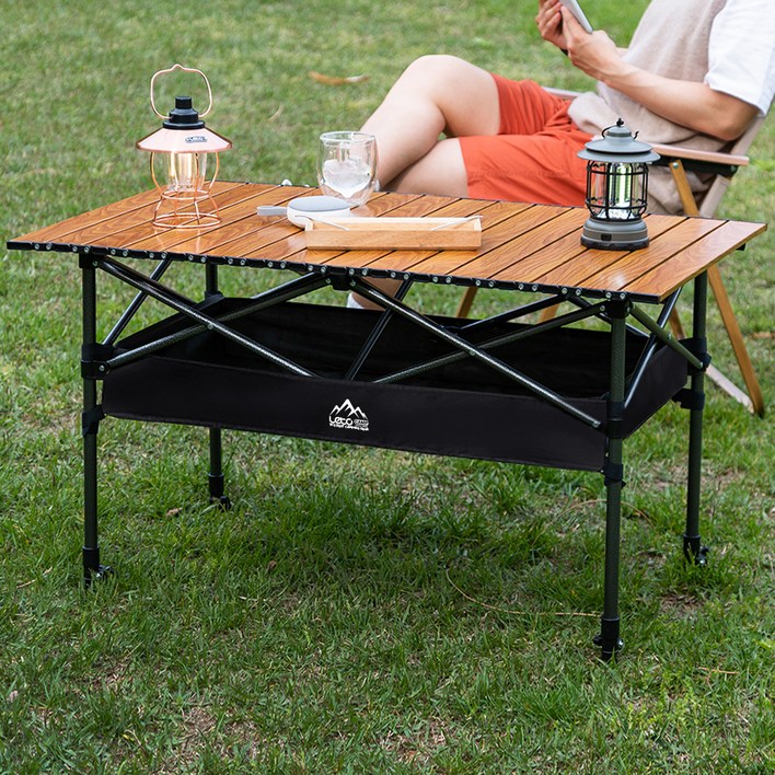 레토 접이식 높이조절 롤 캠핑 테이블수납망휴대가방 세트, 우드