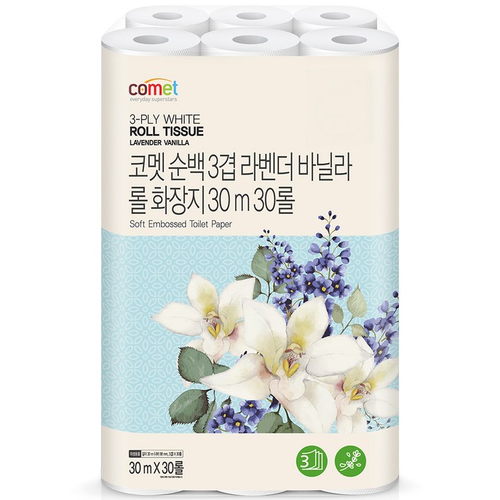 코멧 순백 3겹 라벤더 바닐라 롤화장지 30m, 30개입, 1개