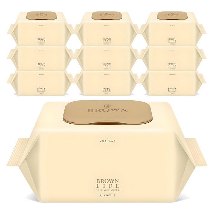 브라운라이프 베이지 엠보싱 대용량 물티슈 캡형, 50g, 100개입, 10개