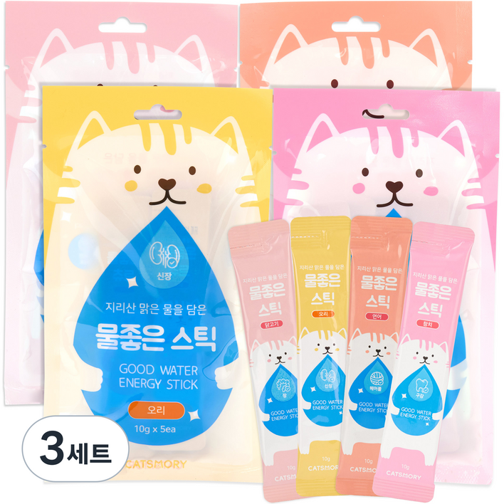 캣츠모리 고양이 물좋은 스틱 간식 4종 x 10g x 5p 세트, 닭고기, 연어, 참치, 오리, 50g, 3세트