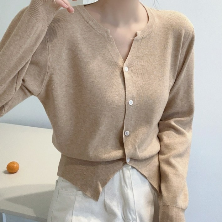 라라온 여성용 베이직 심플 슬릿넥 단추 니트 가디건 25TSP3541