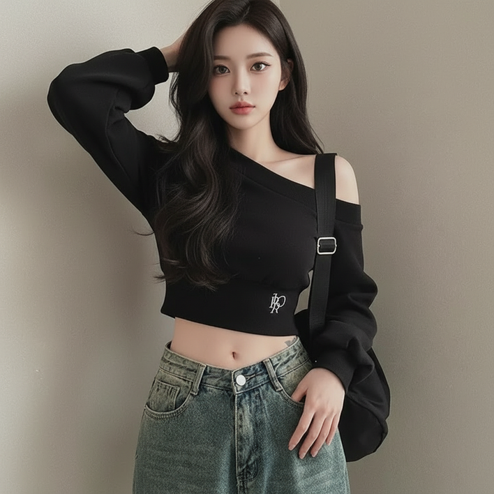 마켓피아 오프숄더 크롭 긴팔 맨투맨