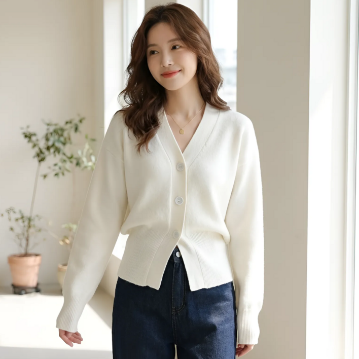 구디프 여성용 브이넥 니트 데일리 루즈핏 간절기 기본 긴팔 가디건