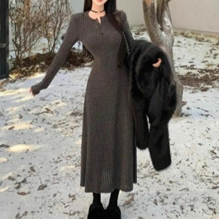 구디프 여성용 골지 니트 데일리 플레어 A라인 롱 원피스