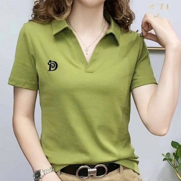 구디프 여성용 브이넥 카라 자수 반팔 티셔츠 12,800