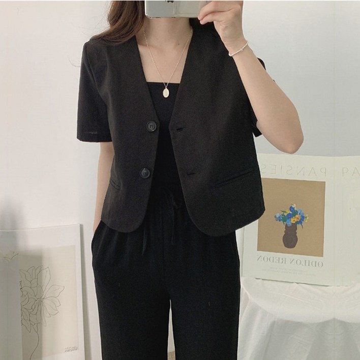 BIKASU 여성 노카라 면마 린넨 숏자켓 데일리룩 브이넥 반팔 크롭 여름 자켓 BIKASU 여성 노카라 면마 린넨 숏자켓 데일리룩 브이넥 반팔 크롭 여름 자켓