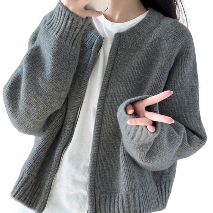 라운드넥 지퍼 니트코트 아우터 캐주얼 무지 루즈핏 니트 가디건 H45128