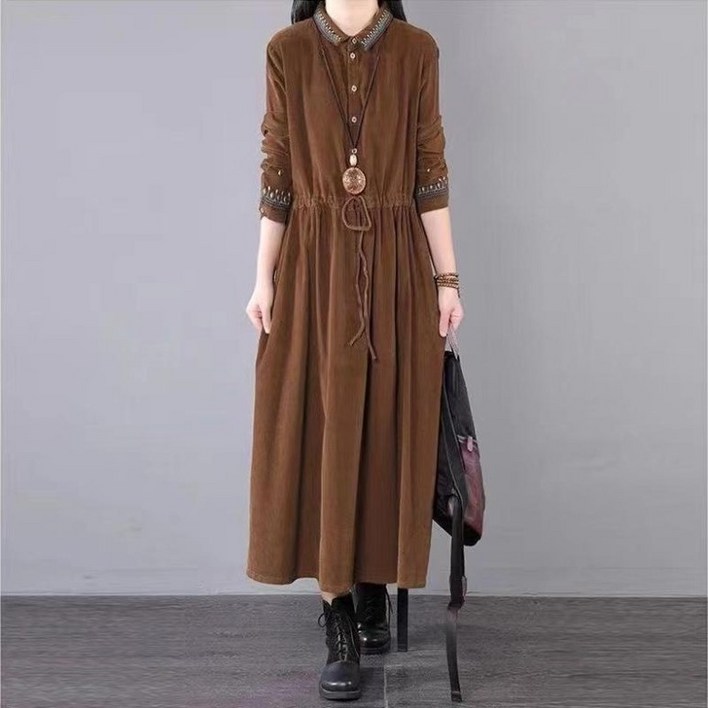 PEROLA 여성 가을 겨울 코듀로이 원피스 루즈핏 빅사이즈 셔츠원피스 자수 포켓 허리스트링 캐주얼 롱 원피스