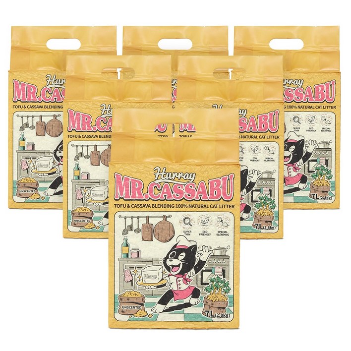 허레이 미스터 카사부 두부 카사바 블렌딩 고양이 모래, 7L, 6팩, 무향