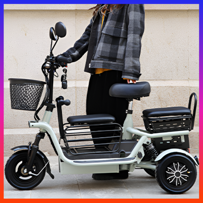 산타고 3인용 세발 전기 자전거 전동 스쿠터 삼륜 오토바이 노인 성인, 그린, 경량스틸