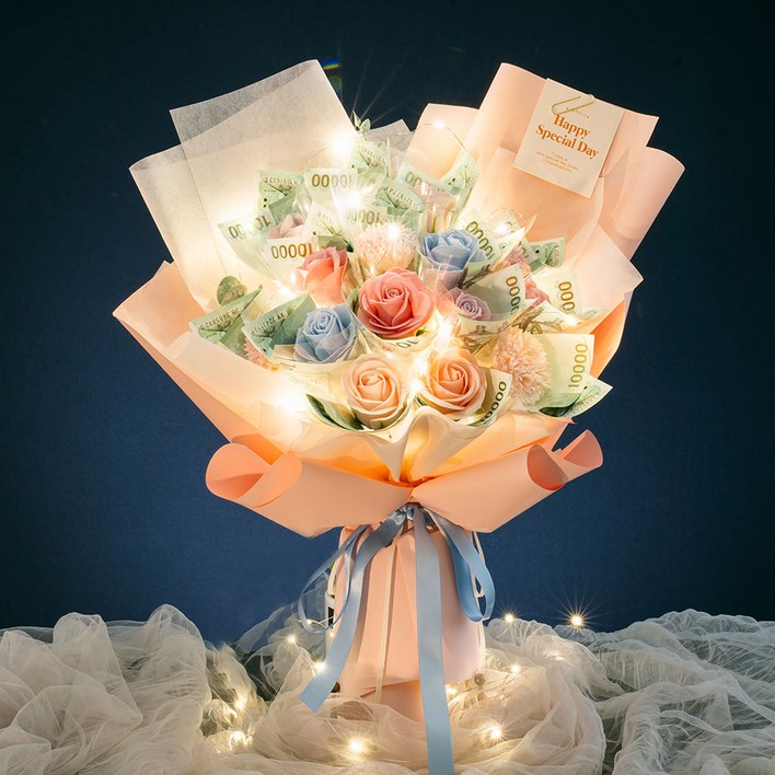 라솔트 LED 비누꽃 크리스탈 돈꽃다발+쇼핑백+LED전구, 1세트, 핑크소다