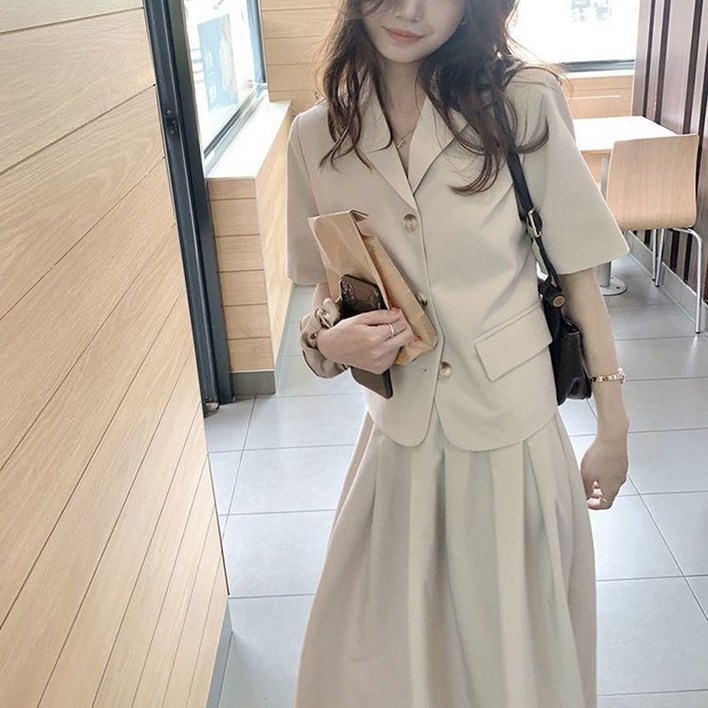 프렌치 여자 하객룩 세트 프리미엄 반팔 정장 자켓  롱 스커트 여름 여성 트위드 투피스 세트 YSQ