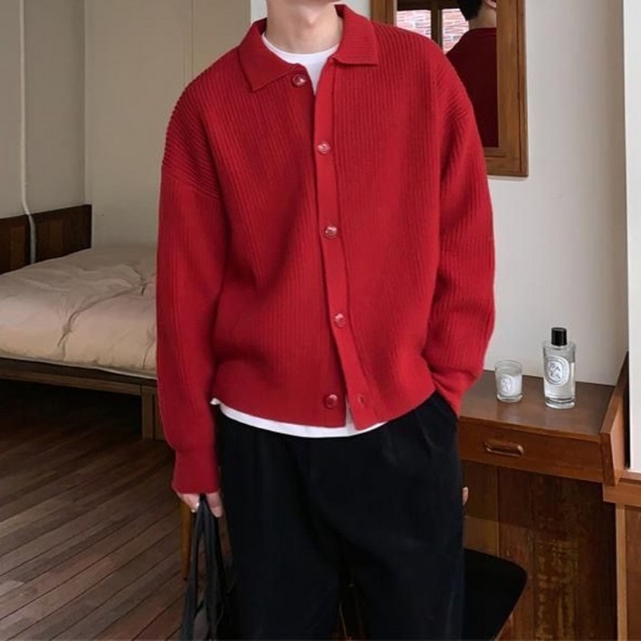 남성 심플  니트 오버핏 카디건 버튼업 셔츠카라 스웨터 데일리 코디250807SYWZS3810