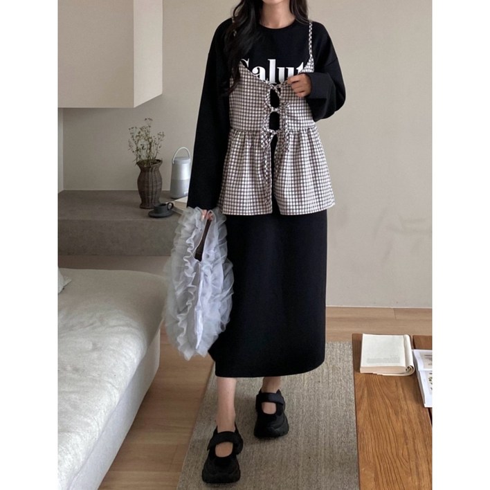 여성용 레이어드 체크 뷔스티에 롱원피스 세트 긴팔 오버핏