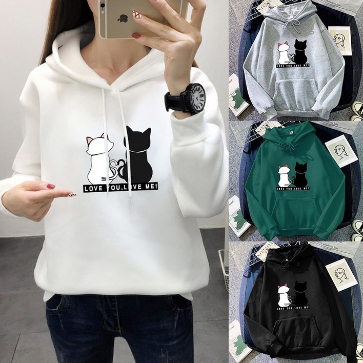 pm6 여성 고양이 맨투맨 기모 오버핏 후드티