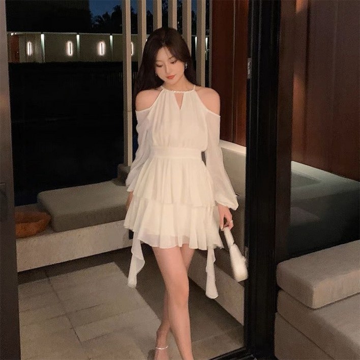 besteffie 고급스러운 여성 여름 오프숄더 플리츠 미니원피스 쉬폰 원피스 레이어드 플레어 슬리브 K78