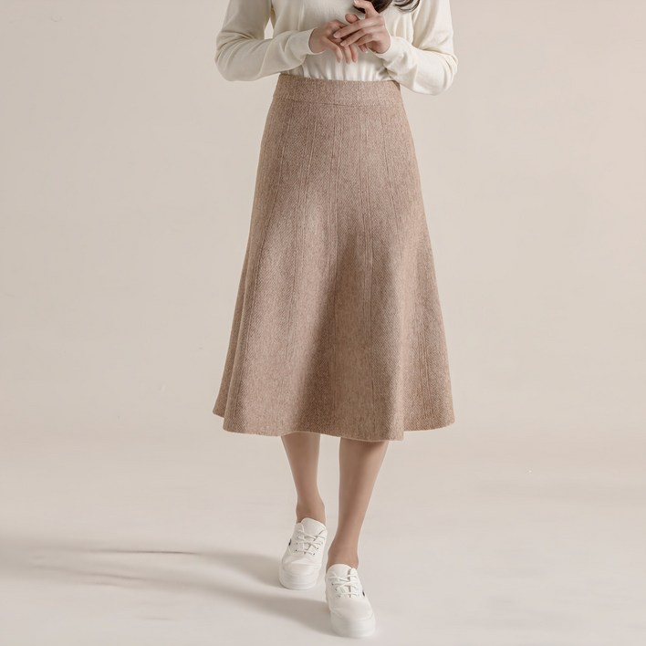 젬블링 A라인 플레어 밴딩 미디 롱 니트 스커트