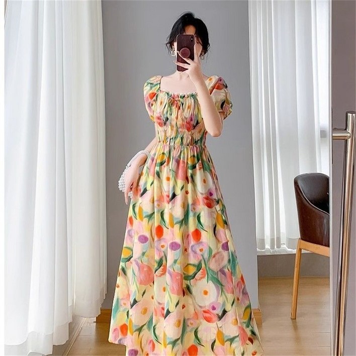 besteffie 여성용 꽃무늬 롱 원피스 봄 여름 패션 퍼프 소매 슬림 허리 드레스 a라인 롱 원피스 K71