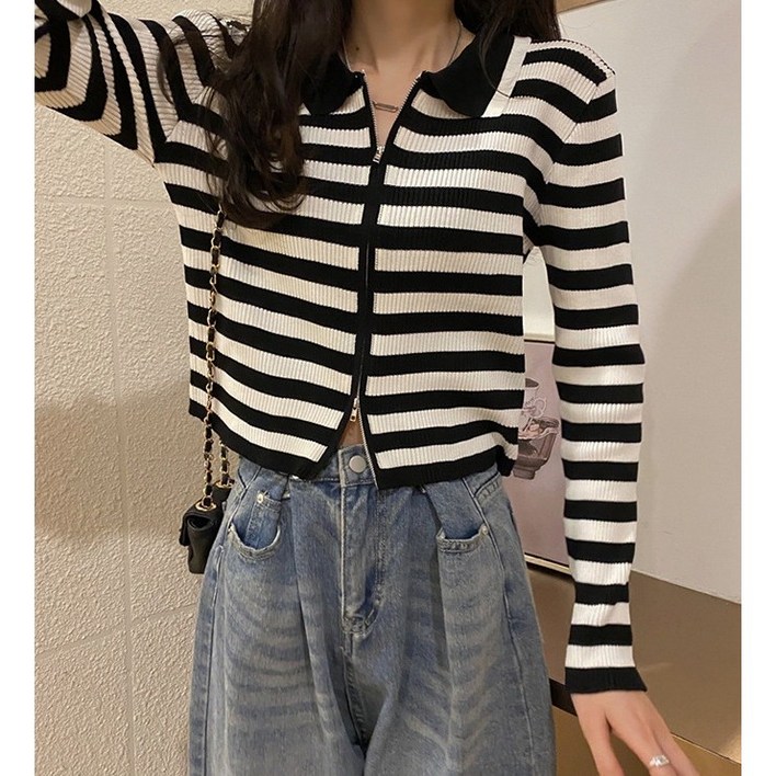 인코 예쁜 단가라 집업 니트 여성긴팔니트