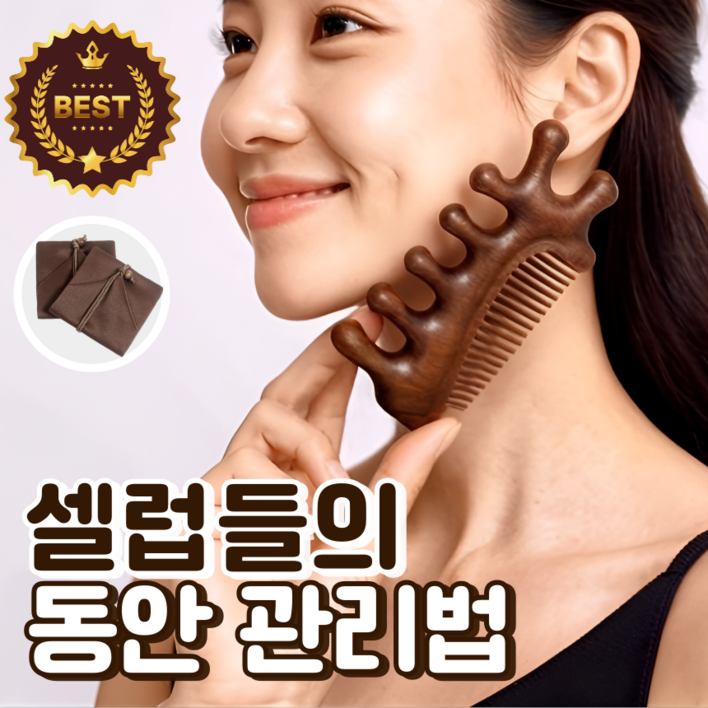 작아지는 얼굴 두피 괄사 빗  셀럽픽 원목 마사지기  고급 파우치 구성, 프리미엄 우드, 1개