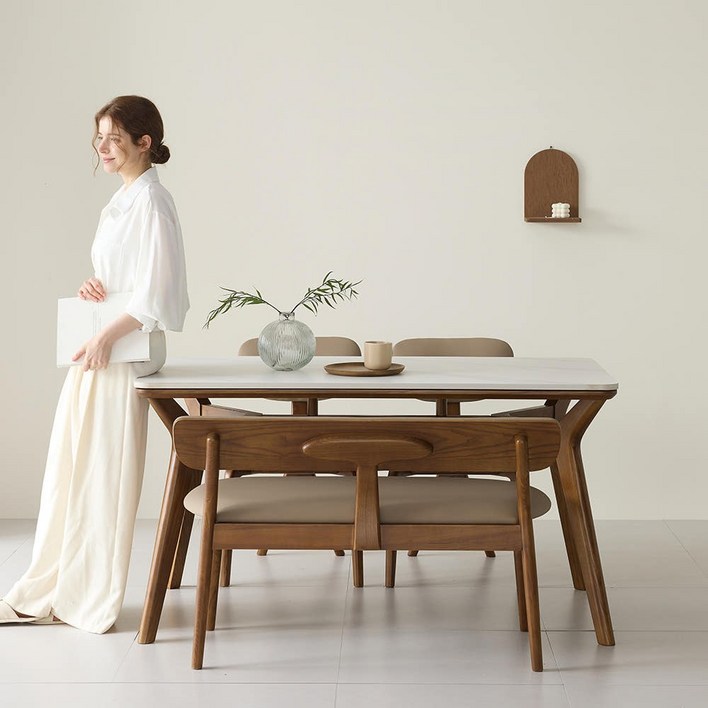 까르엠가구 헤이븐 포세린 양면 세라믹 50R 애쉬 원목 4인용 식탁세트 1400 2인벤치1의자2