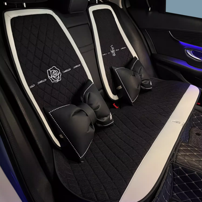 파파무니 자동차 린넨 사계절용 통풍 리본 시트커버 쿠션 방석 세트, 블랙 뒷좌석1세트, 1개