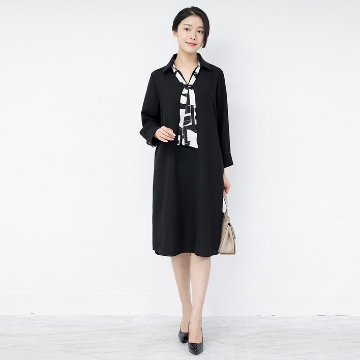 엄마옷 모슬린 타이 7부 카라 원피스 OP303067마담 미시 중년여성 빅사이즈 할머니옷 50대 60대 70대