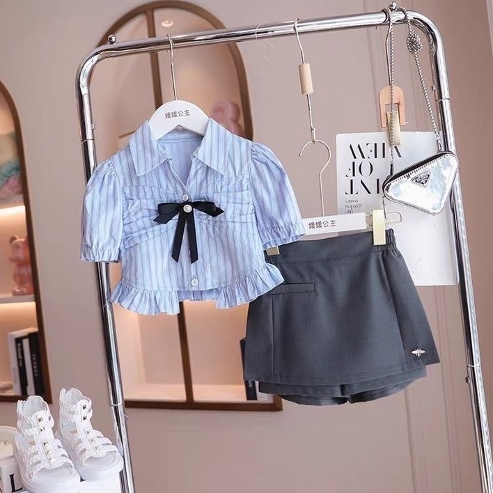 올래 여아용 줄지 남방 뱅딩 치마바지 상하세트 초등생 교복 스타일 주니어