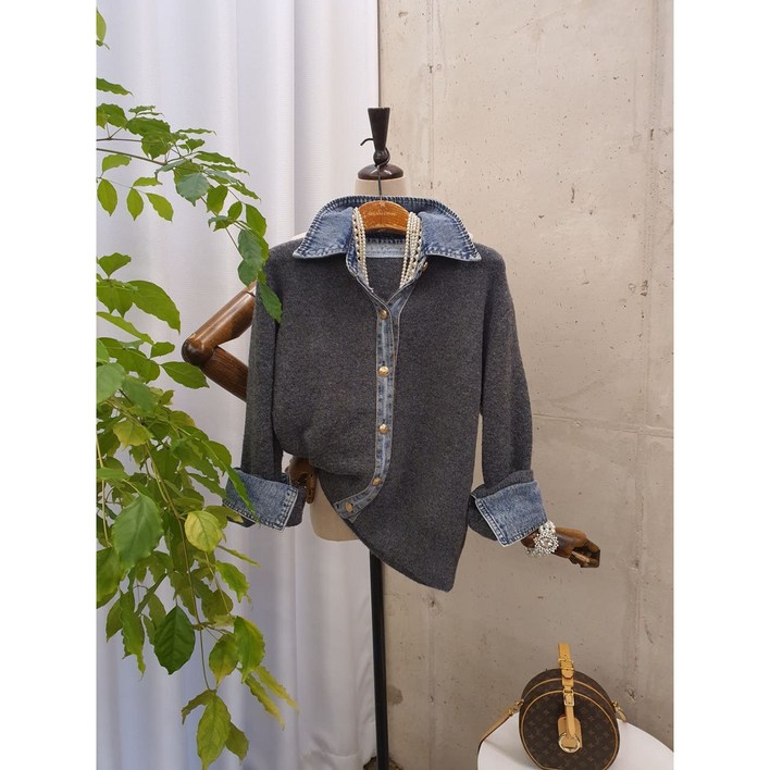 [무배] 헤르온 카라 데님 배색 포인트 니트 가디건