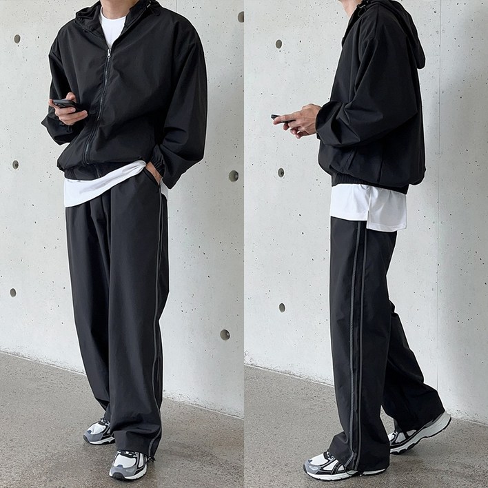 로제 후드 바람막이 배색 스트링 팬츠 셋업