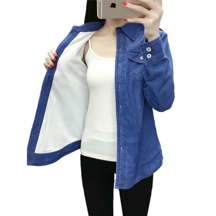 엘리오르 여성 겨울 기모 데님 청남방 방한 재킷 단추