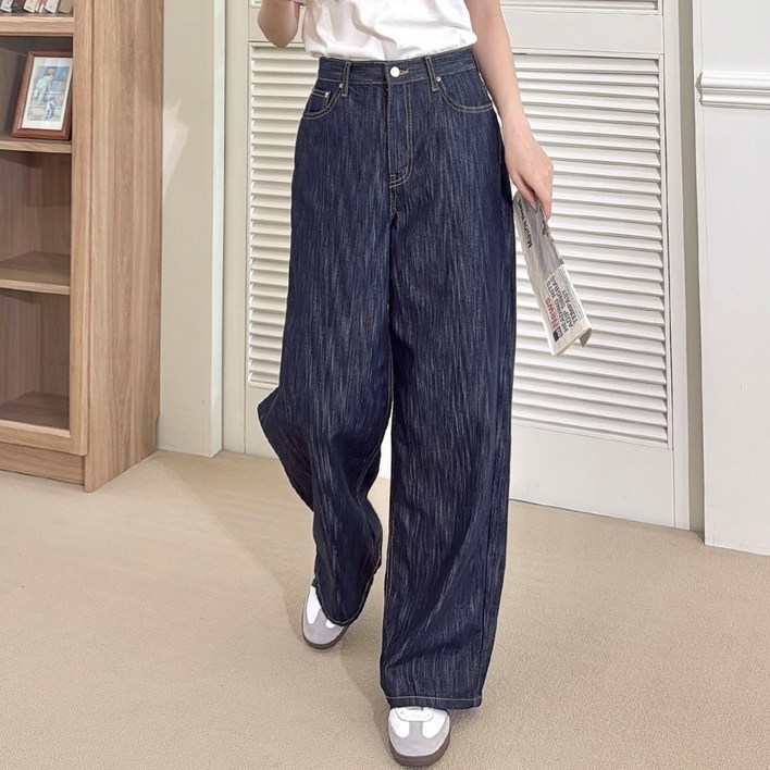 메이징 여성용 루즈핏 논페이드 생지 와이드 데님 통바지 청바지