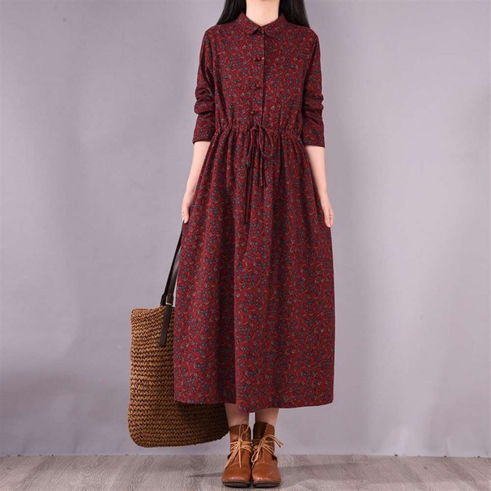 MOSAIRATION 봄가을 루즈핏 빅사이즈 조임벨트 잔꽃무늬 프린트 중년여성 긴팔 원피스 D16