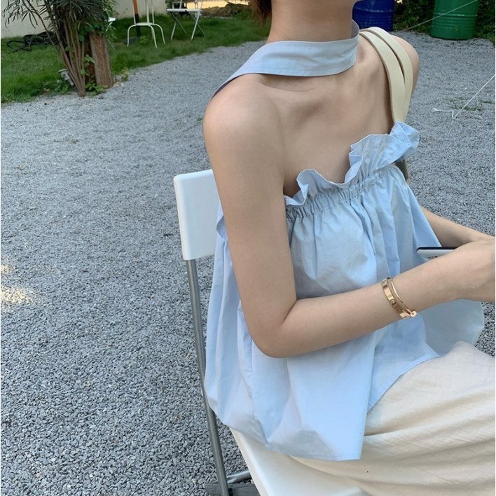 그리리 스카프 타이 오프숄더 프릴 블라우스 휴양지 데일리