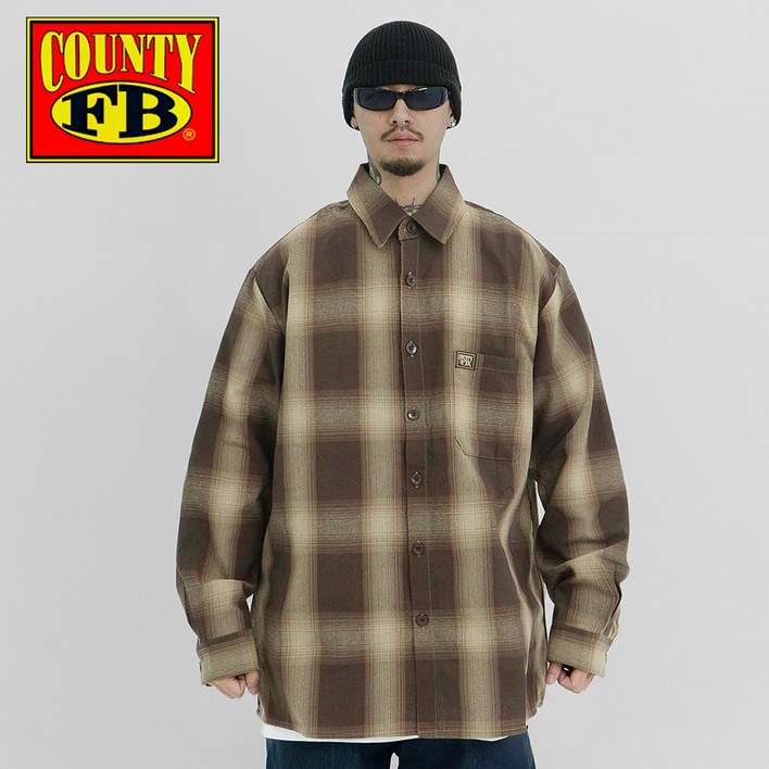 FB COUNTY 체커 플란넬 셔츠 긴팔 탄브라운