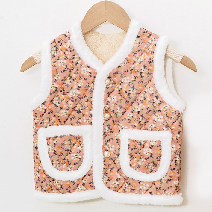 캐리루시 아동 인조 토끼털 골지 누빔조끼 플라워패턴 겨울 포근한 따뜻한 베스트