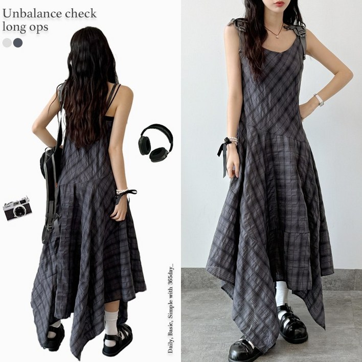너무 이쁜 여름원피스 끈조절0 여름 체크 밑단 언발 롱원피스