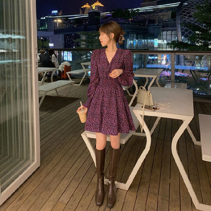 브이넥 분위기 플라워 원피스 하이웨이스트 긴팔 레깅스 숏 스커트 suihuaqunNo.01