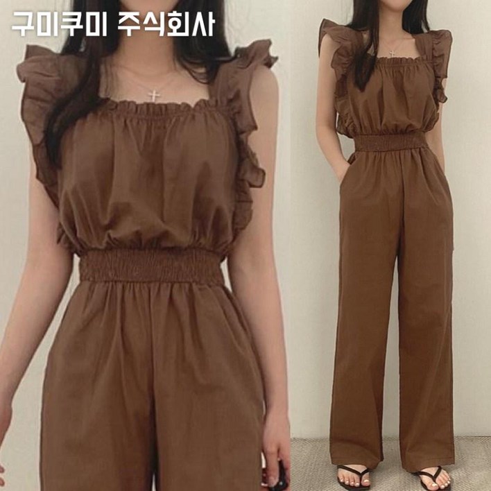 (브랜드 추천) 프렌치 날씬해보이는 특가상품 빈티지 스퀘어넥 소매 프릴 허리밴딩 민소매 시원한 점프수트 데일리룩 여름 여성 루즈핏 무지 패션 데이트룩 모임룩 바캉스룩 점프슈트