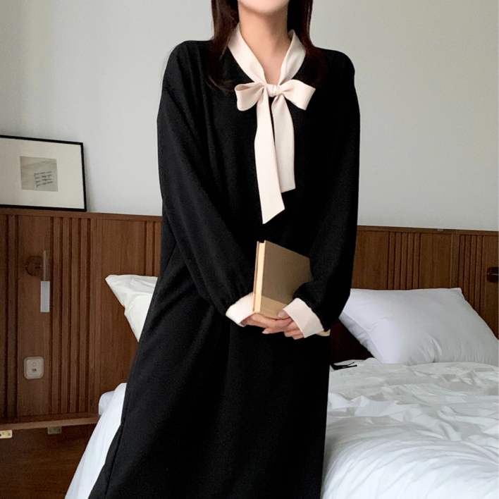 더한땀 빅사이즈 타이 배색 원피스 임산부 하객룩