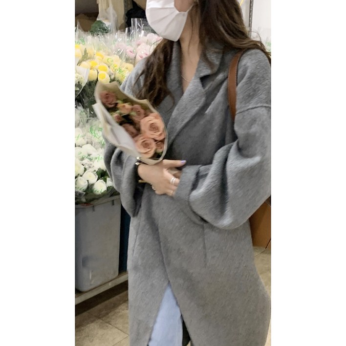미엘 울100% 캐시미어 여성 루즈핏 더블버튼 오버핏 롱 핸드메이드 코트