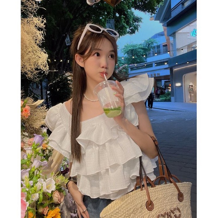 스퀘어넥 빅사이즈 통풍  루즈핏 여성 프릴 블라우스 날개소매 면 데일리 이중셔링 민소매